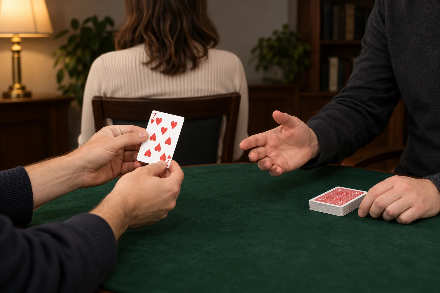 Spectatorul arată cartea magicianului cu partenerul întors